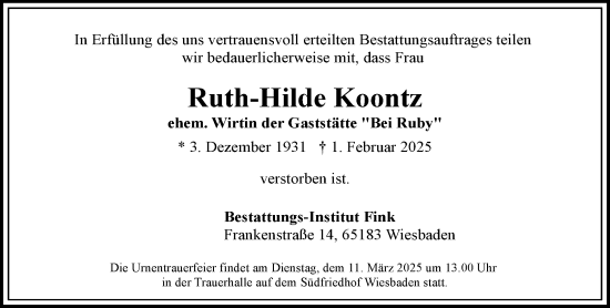 Traueranzeige von Ruth-Hilde Koontz von Wiesbadener Kurier