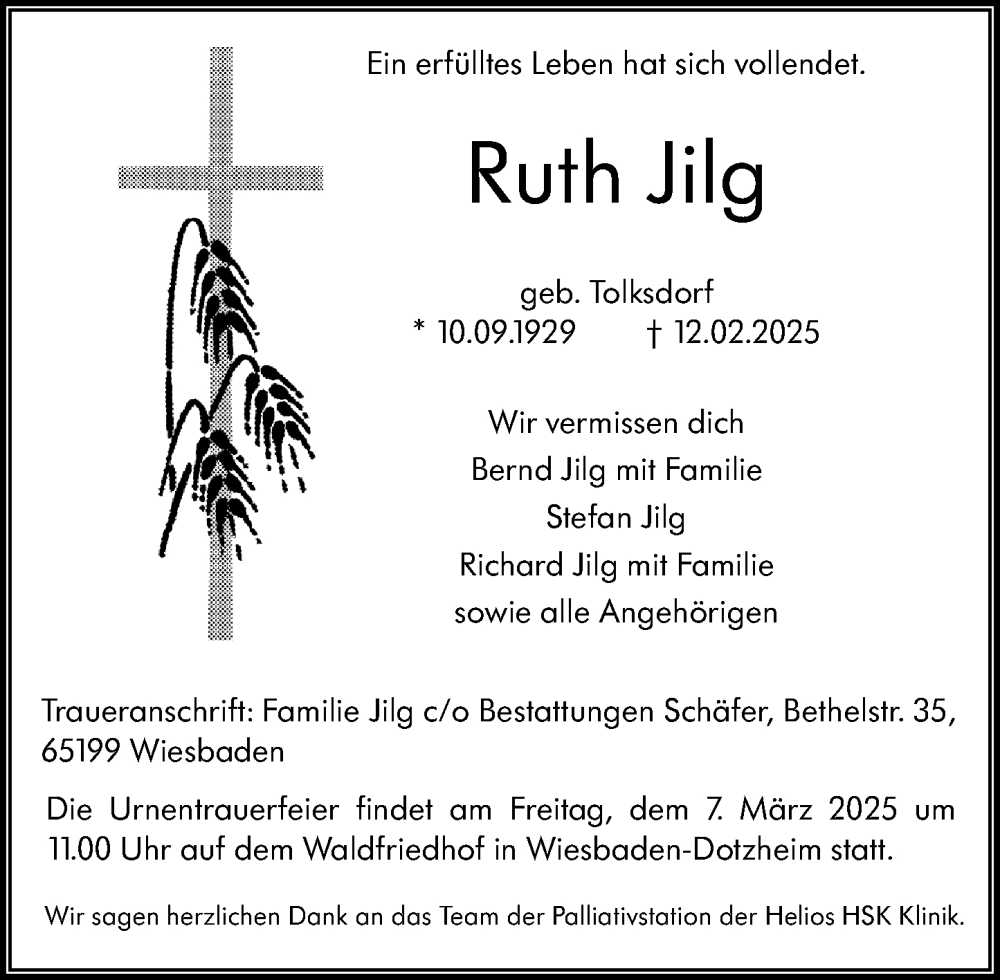  Traueranzeige für Ruth Jilg vom 01.03.2025 aus Wiesbadener Kurier