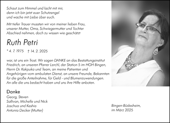 Traueranzeige von Ruth Petri von Binger-/Ingelheimer Wochenblatt