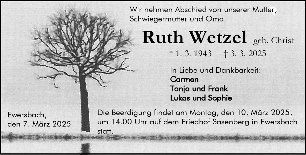  Traueranzeige für Ruth Wetzel vom 07.03.2025 aus Dill Block