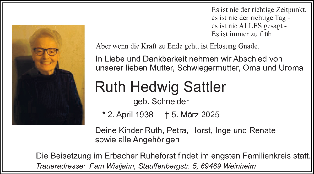  Traueranzeige für Ruth Hedwig Sattler vom 15.03.2025 aus Starkenburger Echo