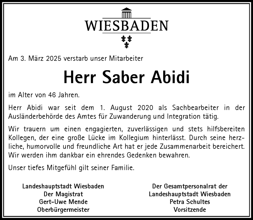  Traueranzeige für Saber Abidi vom 22.03.2025 aus Wiesbadener Kurier