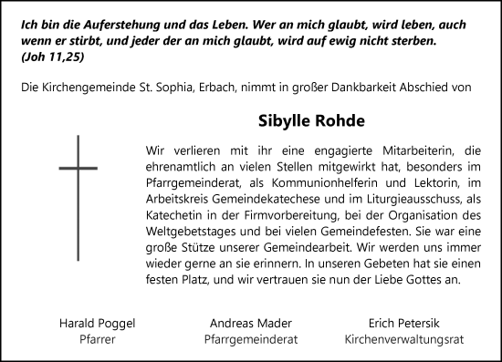 Traueranzeige von Sibylle Rohde von Odenwälder Echo