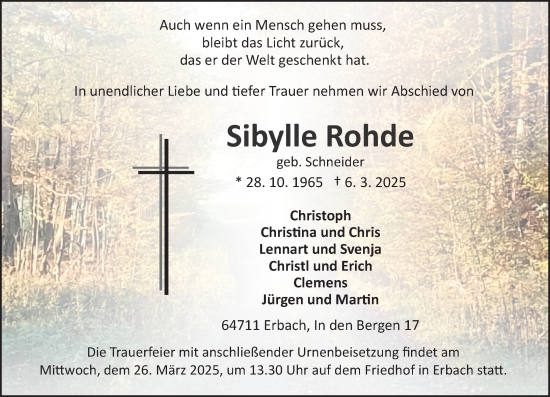 Traueranzeige von Sibylle Rohde von Odenwälder Echo