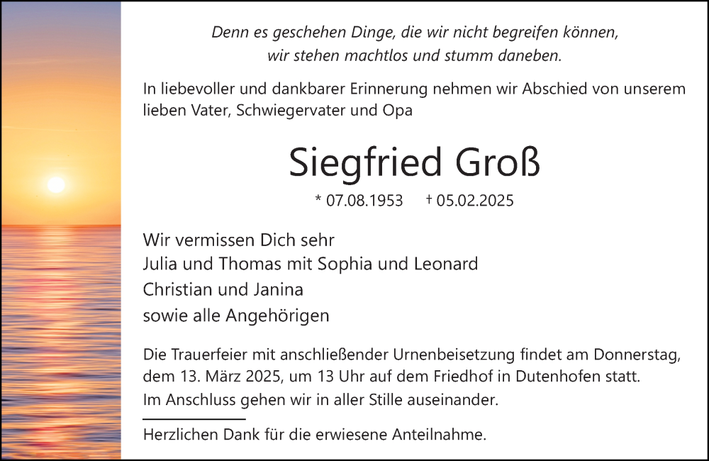  Traueranzeige für Siegfried Groß vom 08.03.2025 aus Wetzlarer Neue Zeitung