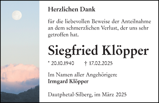 Traueranzeige von Siegfried Klöpper von Hinterländer Anzeiger