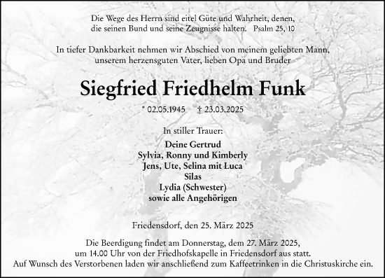 Traueranzeige von Siegfried Friedhelm Funk von Hinterländer Anzeiger