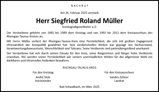 Traueranzeige von Siegfried Roland Müller von Idsteiner Land/Untertaunus