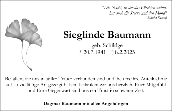 Traueranzeige von Sieglinde Baumann von Rüsselsheimer Echo