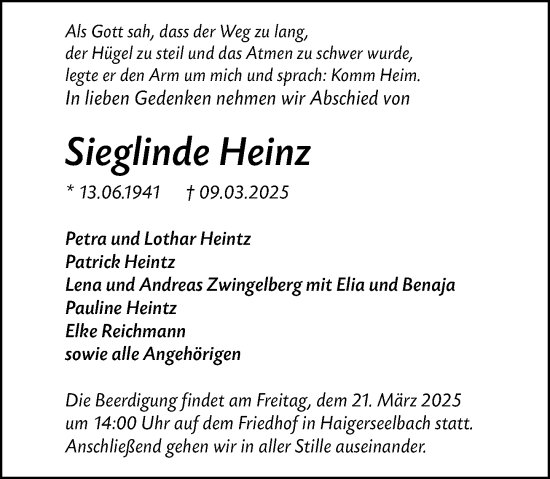 Traueranzeige von Sieglinde Heinz von Dill Block