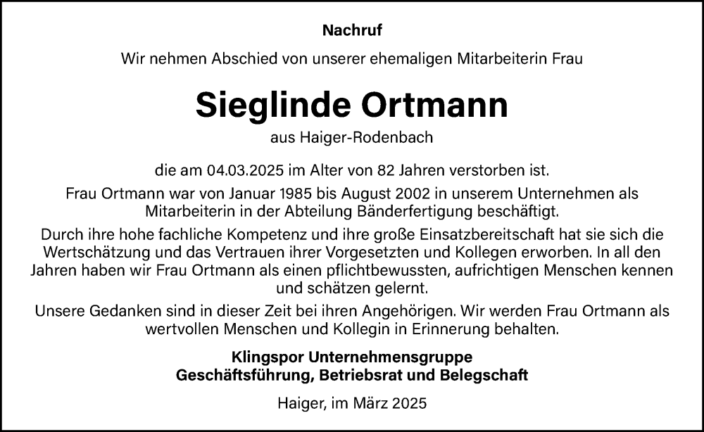  Traueranzeige für Sieglinde Ortmann vom 21.03.2025 aus Dill Block