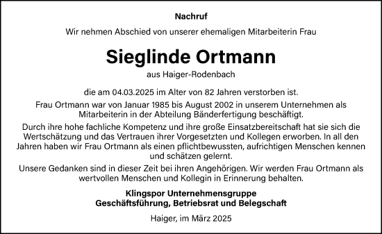 Traueranzeige von Sieglinde Ortmann von Dill Block