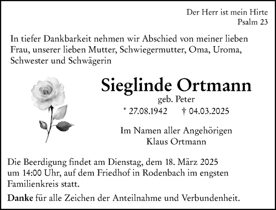 Traueranzeige von Sieglinde Ortmann von Dill Block