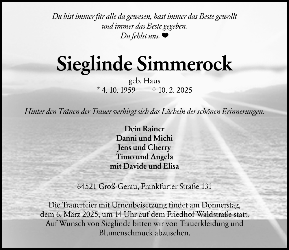  Traueranzeige für Sieglinde Simmerock vom 01.03.2025 aus Groß-Gerauer Echo