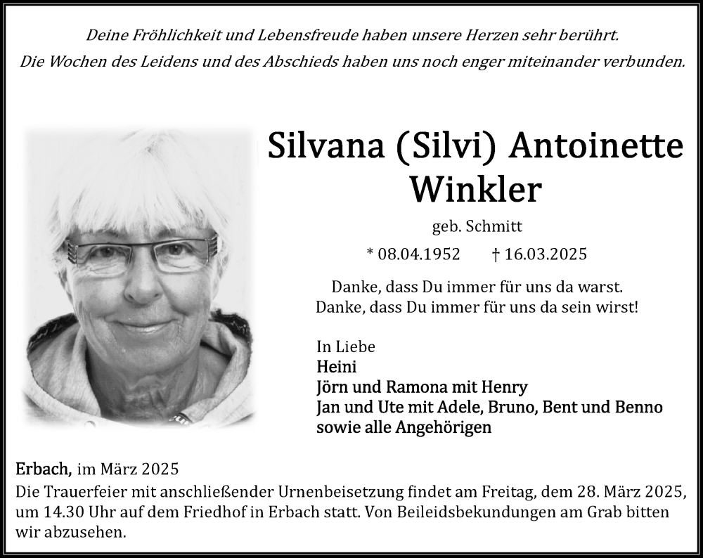  Traueranzeige für Silvana Antoinette Winkler vom 20.03.2025 aus Camberger Anzeiger
