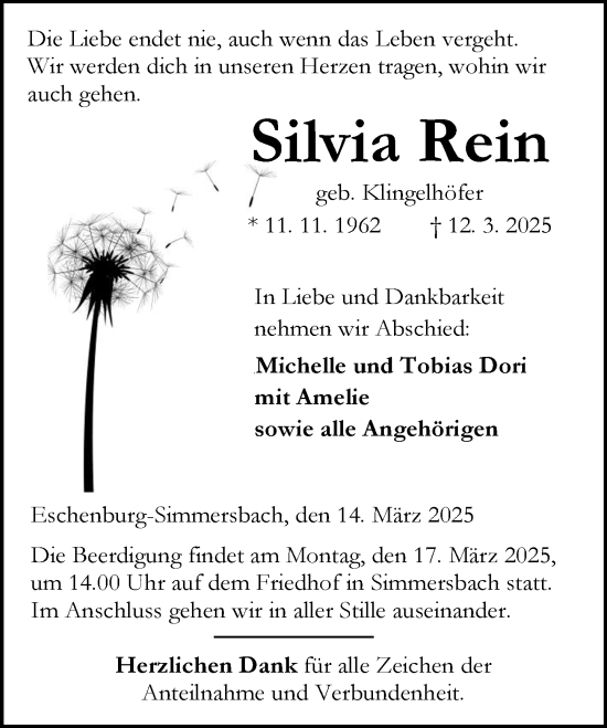 Traueranzeige von Silvia Rein von Dill Block