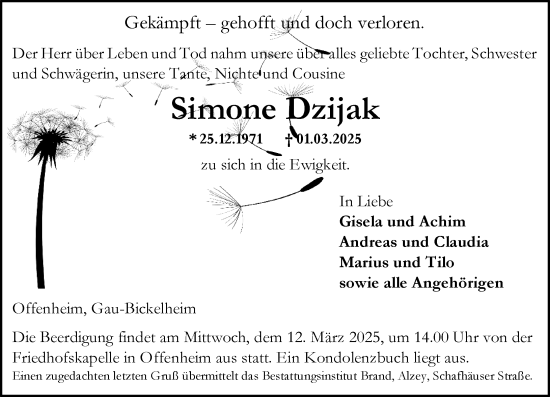 Traueranzeige von Simone Dzijak von Allgemeine Zeitung Alzey