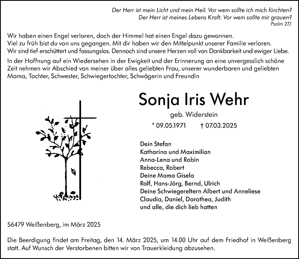  Traueranzeige für Sonja Iris Wehr vom 12.03.2025 aus Dill Block