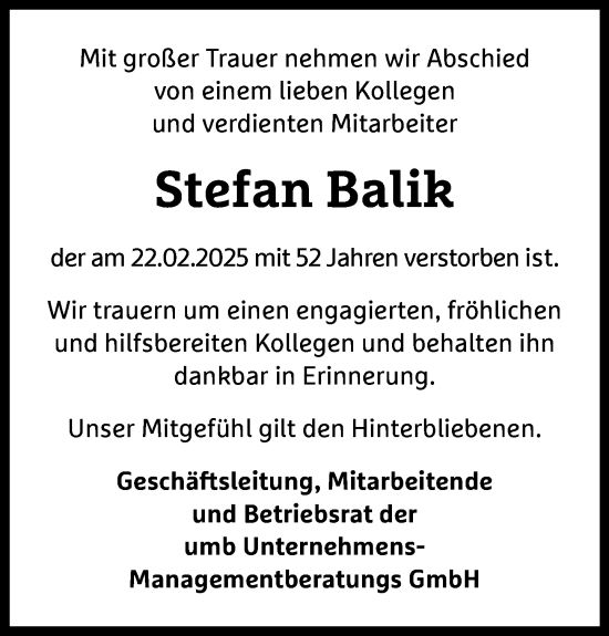 Traueranzeige von Stefan Balik von Wiesbadener Kurier