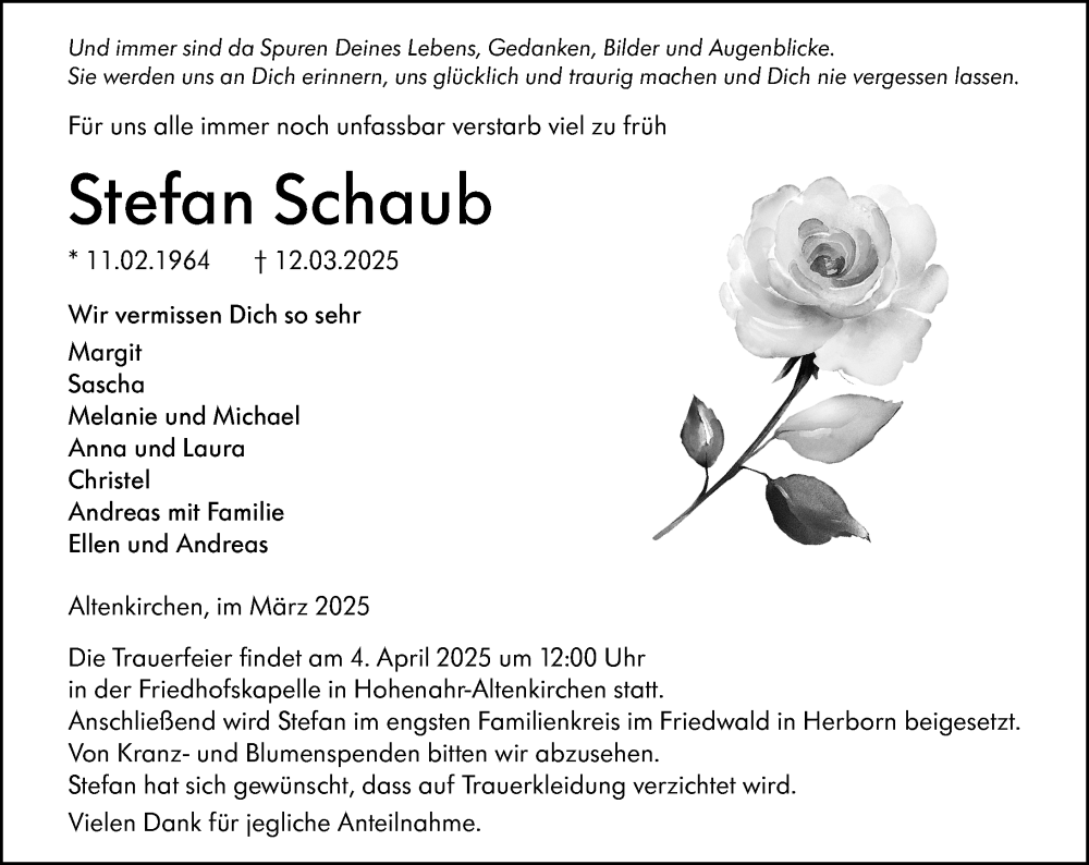  Traueranzeige für Stefan Schaub vom 31.03.2025 aus Dill Block