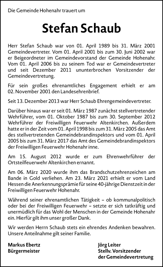 Traueranzeige von Stefan Schaub von Wetzlarer Neue Zeitung