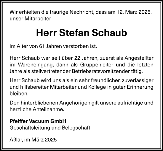 Traueranzeige von Stefan Schaub von Wetzlarer Neue Zeitung
