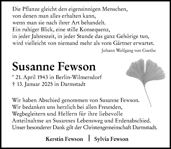 Traueranzeige von Susanne Fewson von Darmstädter Echo