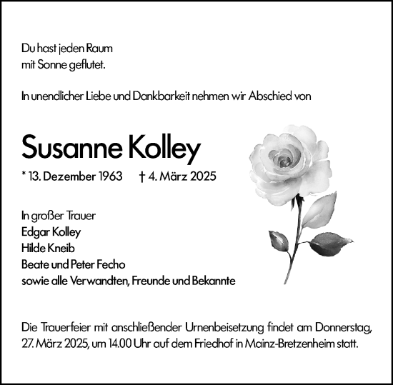 Traueranzeige von Susanne Kolley von Allgemeine Zeitung Mainz