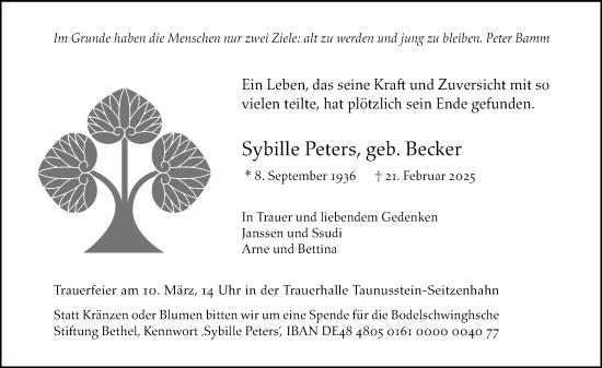 Traueranzeige von Sybille Peters von Wiesbadener Kurier