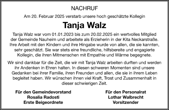 Traueranzeige von Tanja Walz von Rüsselsheimer Echo
