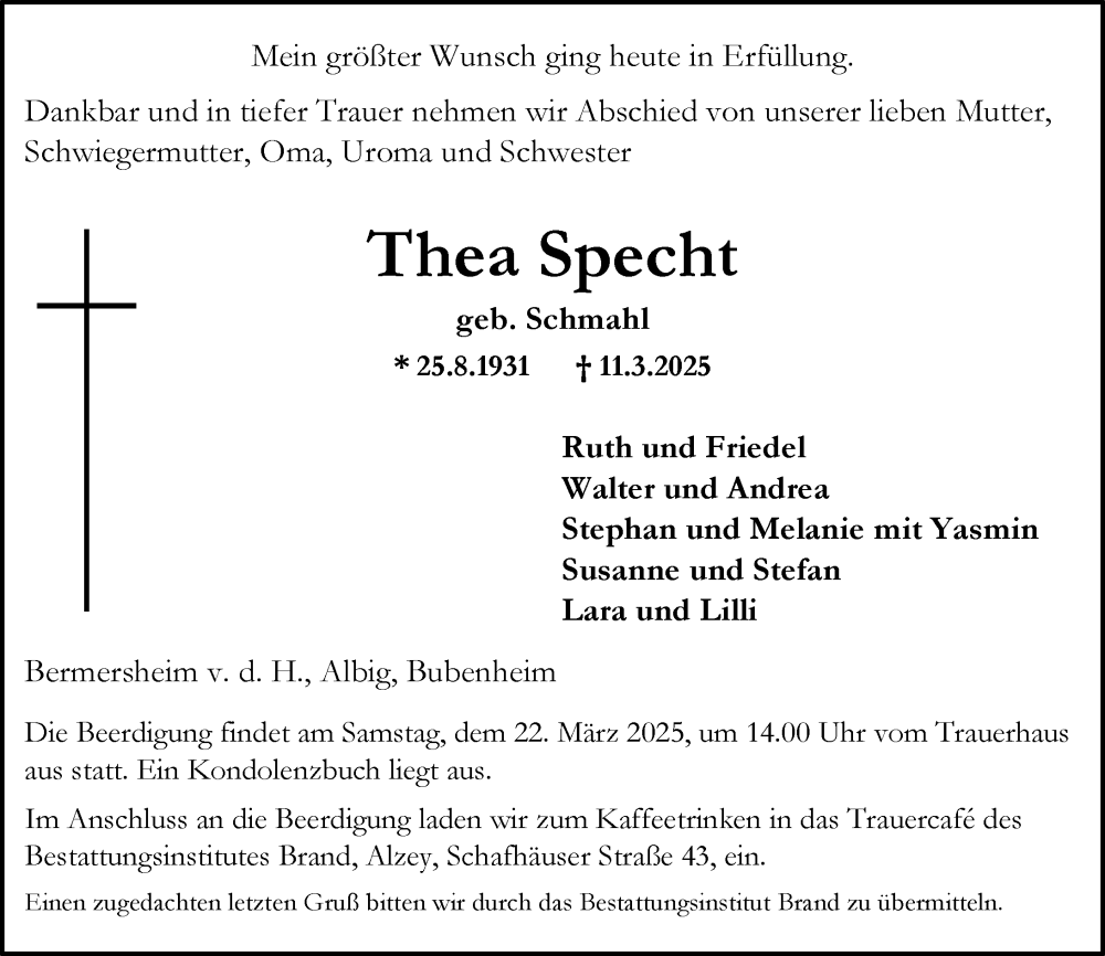  Traueranzeige für Thea Specht vom 15.03.2025 aus Allgemeine Zeitung Alzey