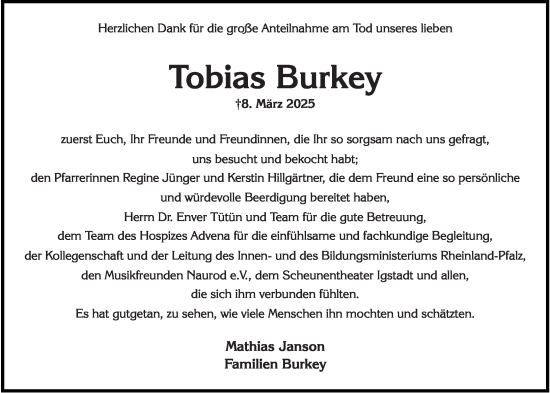 Traueranzeige von Tobias Burkey von Wiesbadener Kurier