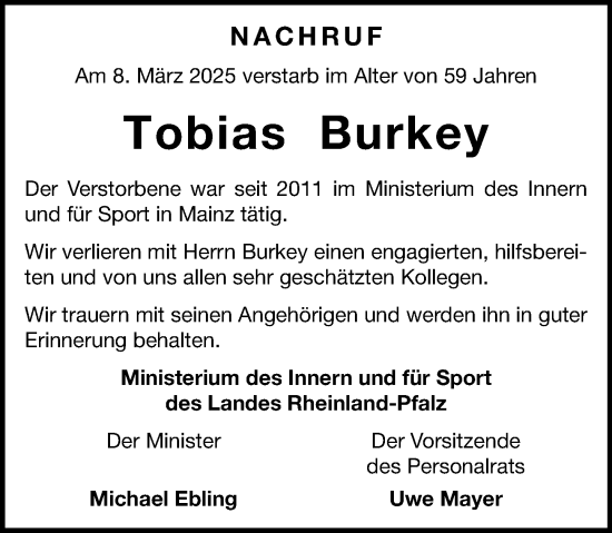 Traueranzeige von Tobias Burkey von Allgemeine Zeitung Mainz