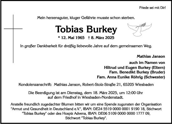 Traueranzeige von Tobias Burkey von Wiesbadener Kurier