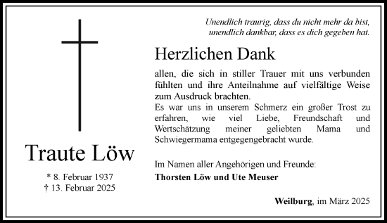 Traueranzeige von Traute Löw von Weilburger Tageblatt