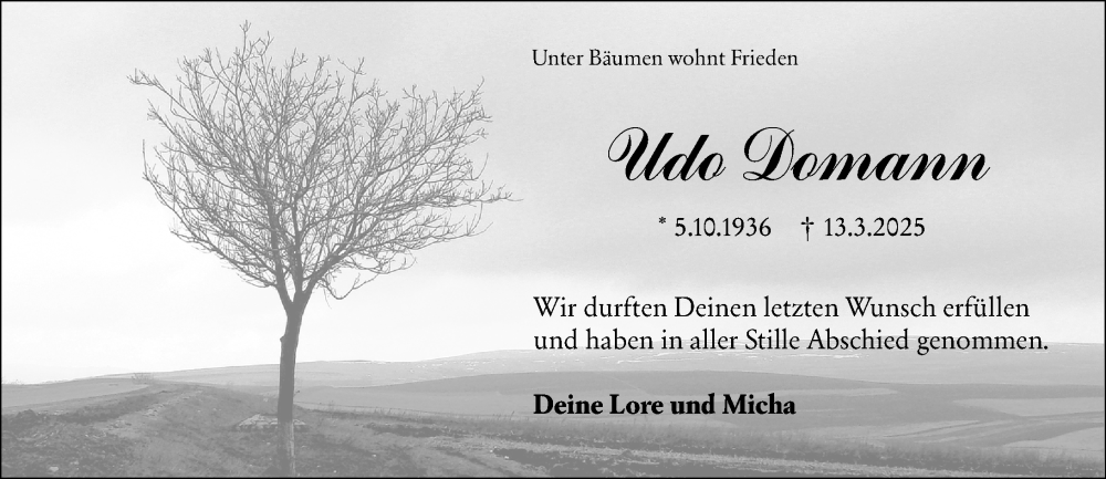  Traueranzeige für Udo Domann vom 29.03.2025 aus Weilburger Tageblatt