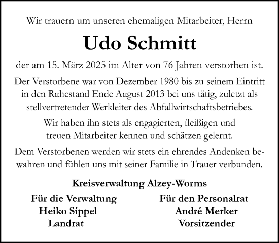 Traueranzeige von Udo Schmitt von Allgemeine Zeitung Alzey