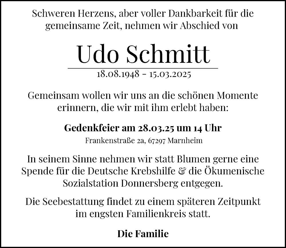  Traueranzeige für Udo Schmitt vom 22.03.2025 aus Allgemeine Zeitung Alzey