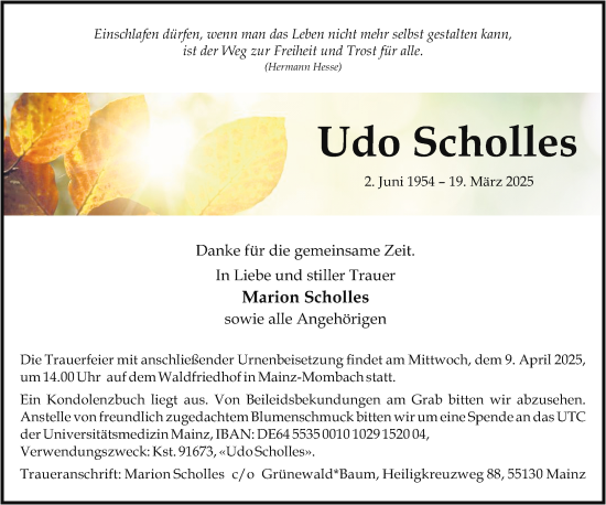 Traueranzeige von Udo Scholles von Allgemeine Zeitung Mainz
