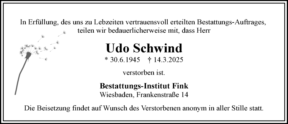  Traueranzeige für Udo Schwind vom 22.03.2025 aus Wiesbadener Kurier