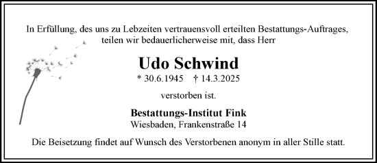 Traueranzeige von Udo Schwind von Wiesbadener Kurier