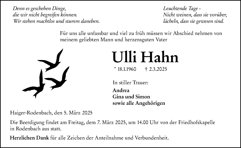  Traueranzeige für Ulli Hahn vom 05.03.2025 aus Dill Block
