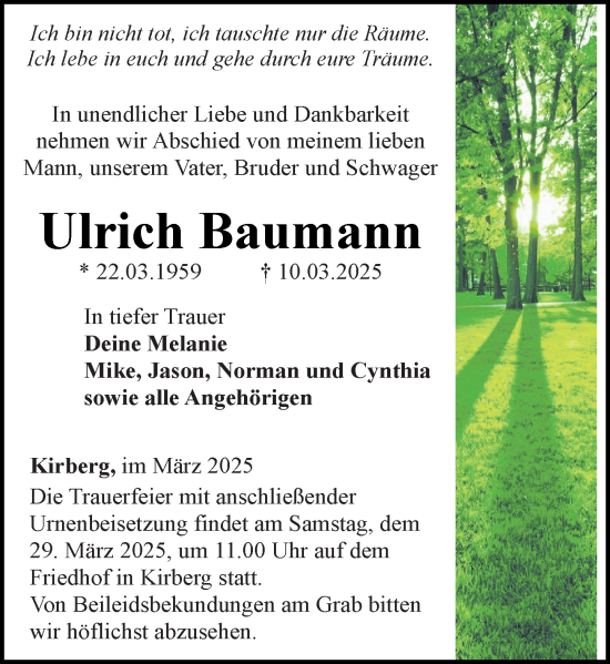 Traueranzeige von Ulrich Baumann von Camberger Anzeiger