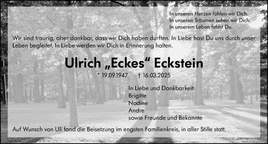 Traueranzeige von Ulrich Eckstein von Dill Block