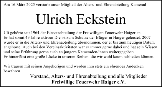 Traueranzeige von Ulrich Eckstein von Dill Block