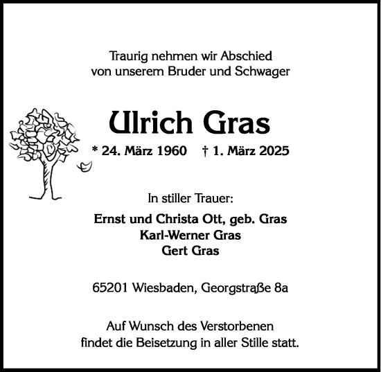 Traueranzeige von Ulrich Gras von Wiesbadener Kurier