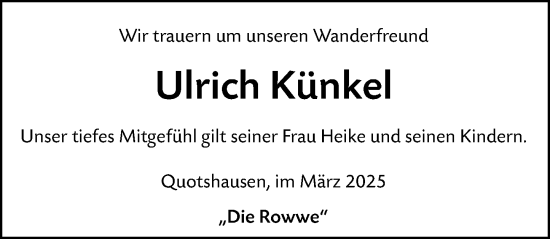 Traueranzeige von Ulrich Künkel von Hinterländer Anzeiger