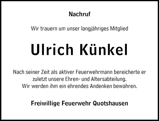 Traueranzeige von Ulrich Künkel von Hinterländer Anzeiger