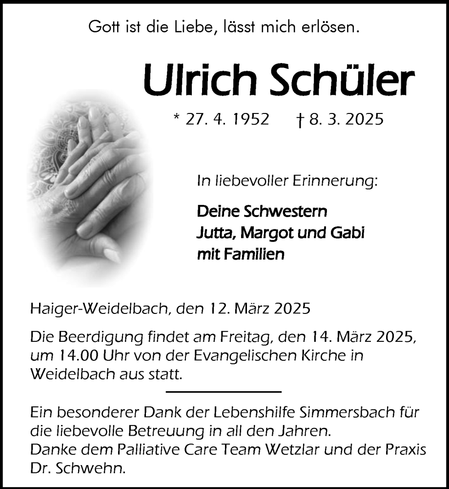  Traueranzeige für Ulrich Schüler vom 12.03.2025 aus Dill Block