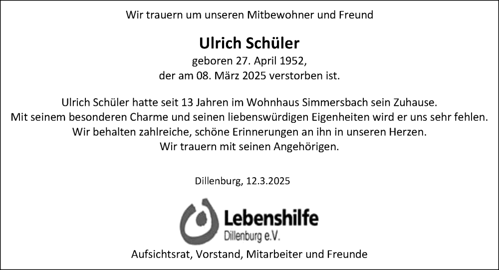  Traueranzeige für Ulrich Schüler vom 14.03.2025 aus Dill Block